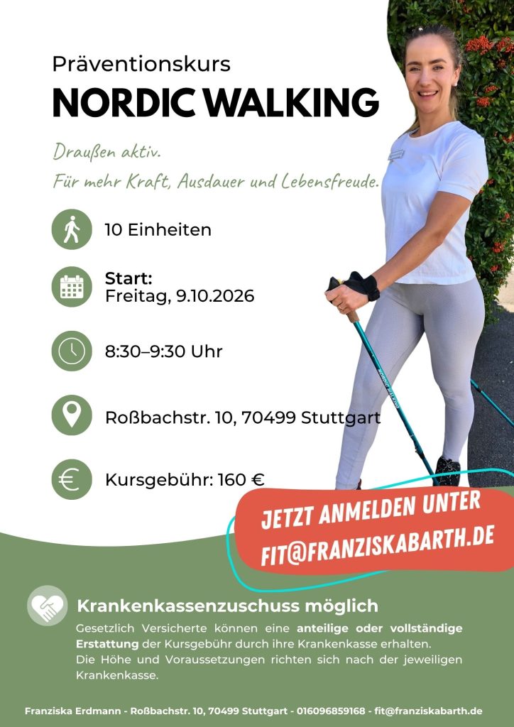 Nordic Walking Präventionskurs nach § 20 SGB V mit Kursleiterin Franziska Erdmann an der frischen Luft in Stuttgart-Weilimdorf und Korntal.