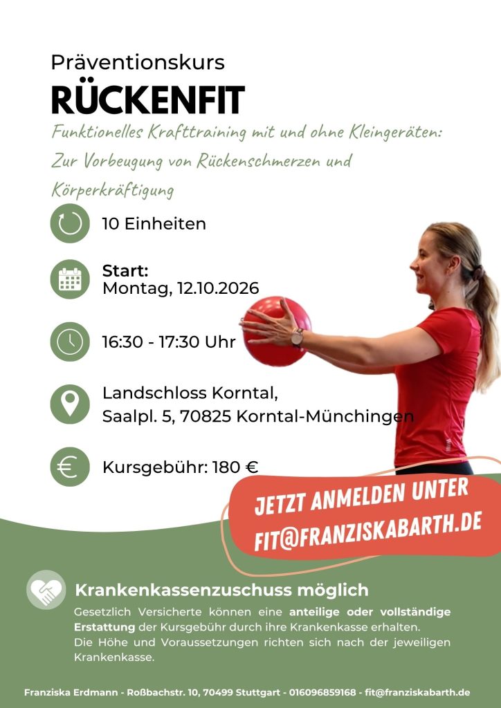 Rückenfit Präventionskurs nach § 20 SGB V zur Vorbeugung von Rückenschmerzen in Stuttgart-Weilimdorf und Korntal mit Franziska Erdmann.